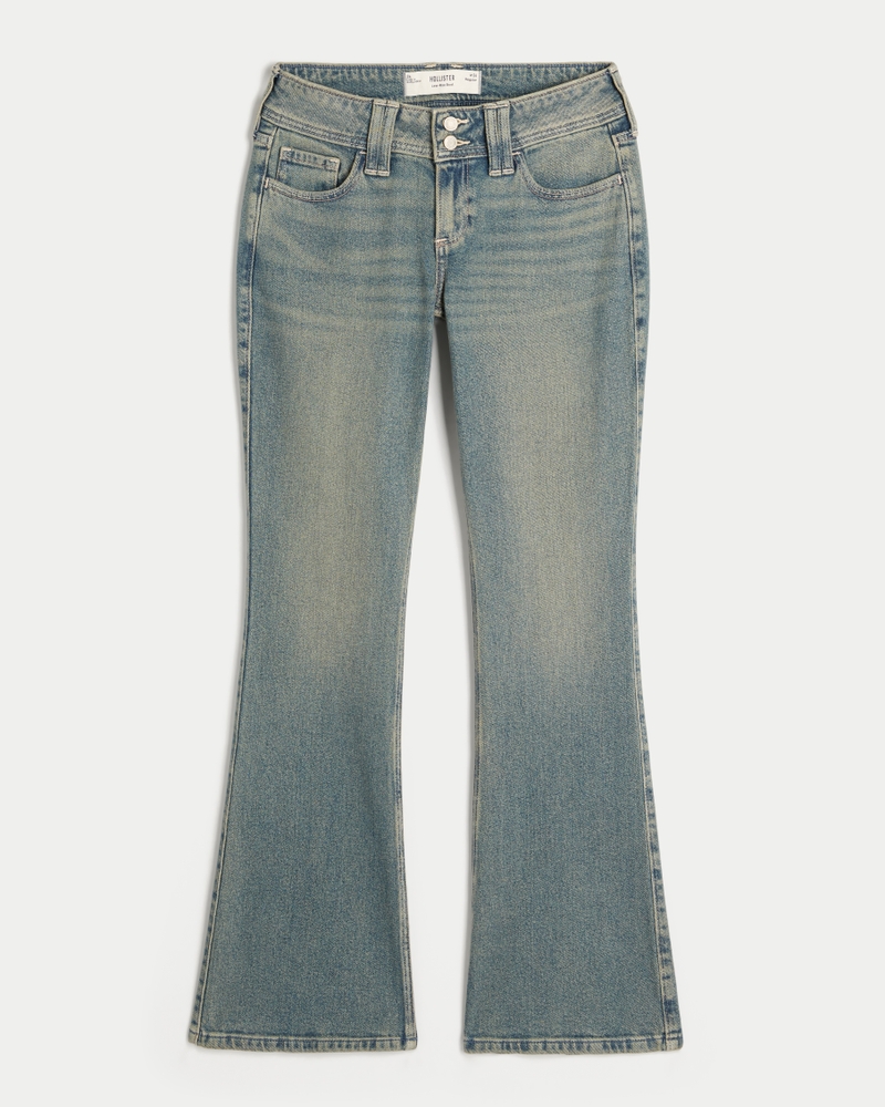 hüftig geschnittene leicht abgenutzte bootcut-jeans in mittlerer waschung