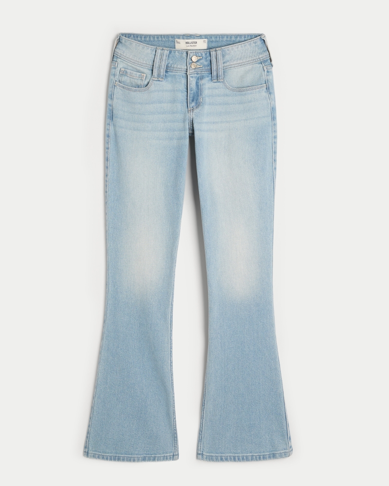 hüftig geschnittene hellblaue bootcut-jeans