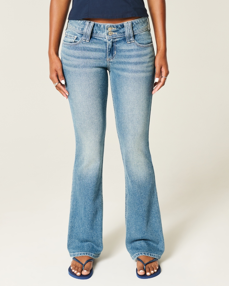 bootcut-jeans mit niedrigem bund schmetterlingsstickerei und mittlerer waschung