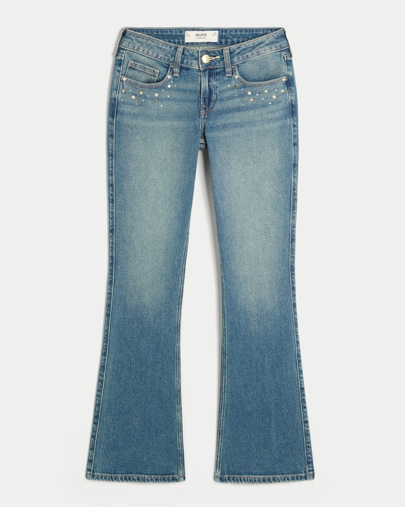 bootcut-jeans mit niedrigem bund schmetterlingsstickerei und mittlerer waschung