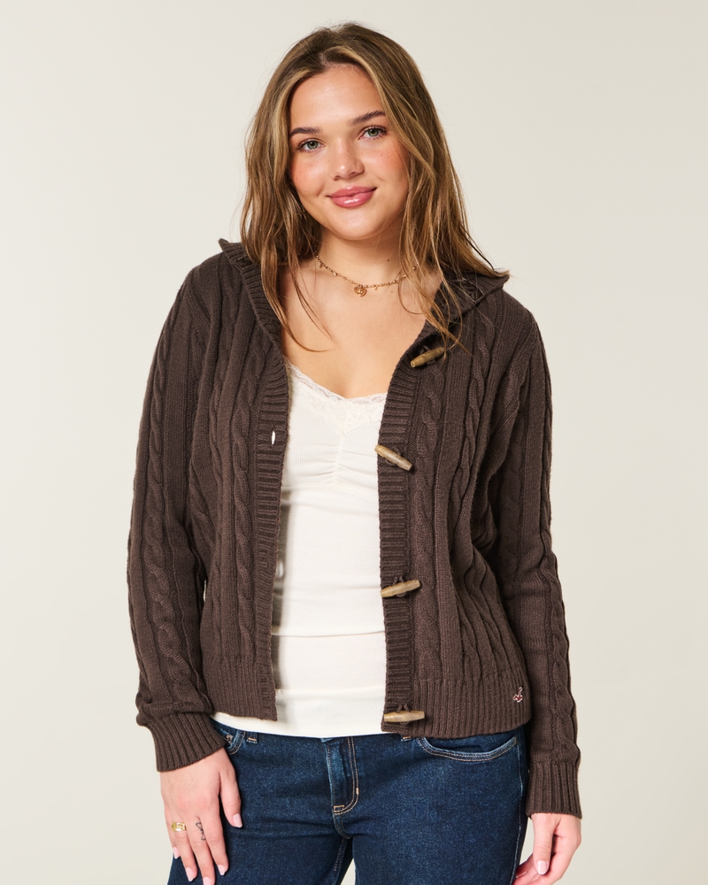 limitierte holiday-kollektion kapuzen-strickjacke mit zopfmuster und knopfleiste