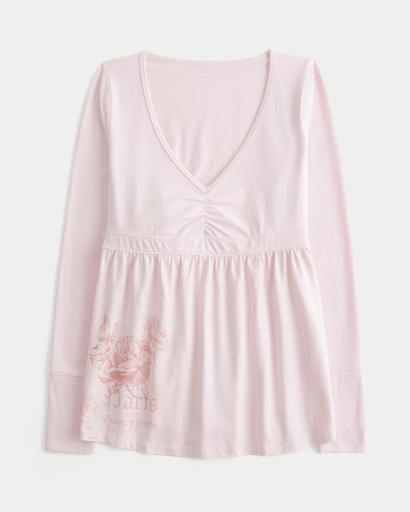babydoll-top mit langen Ärmeln rüschenoberteil und brustmuster.