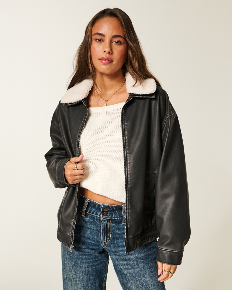 fliegerjacke aus kunstleder mit kragen aus lammwolle.