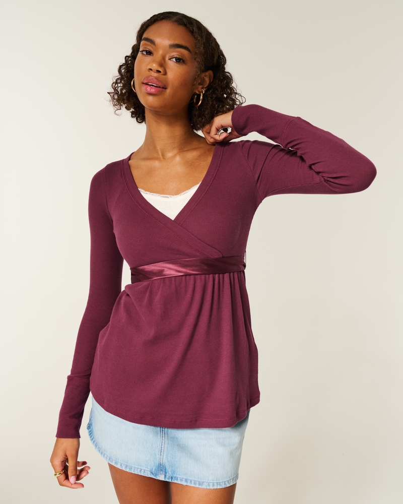lässiges langärmeliges wickeloberteil im babydoll-stil