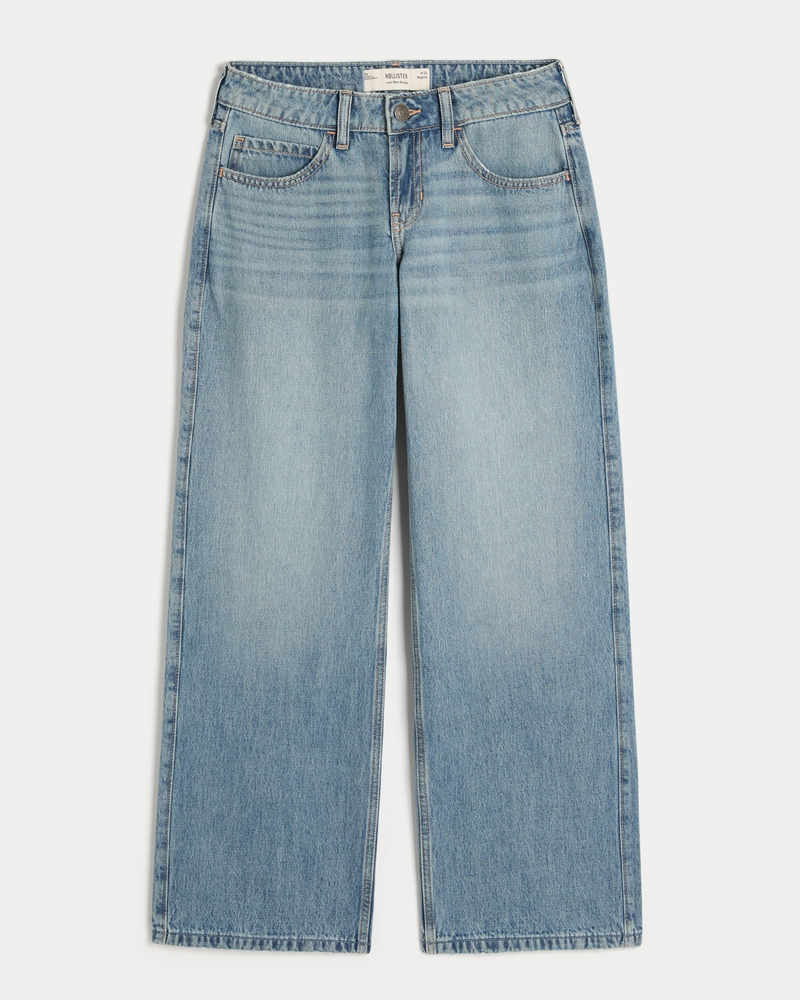 hüftig geschnittene mittelblaue jeans mit gestickten früchten und lockerer passform