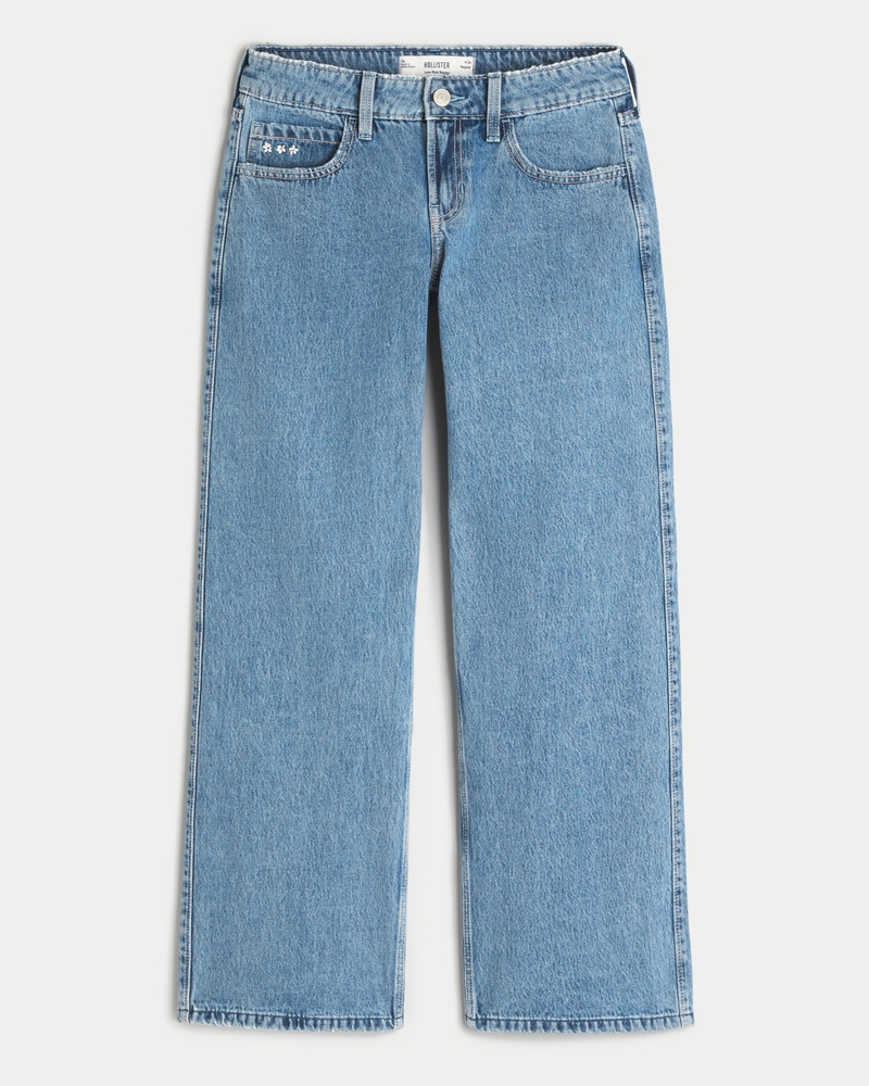 hüftig geschnittene mittelblaue jeans mit gestickten früchten und lockerer passform