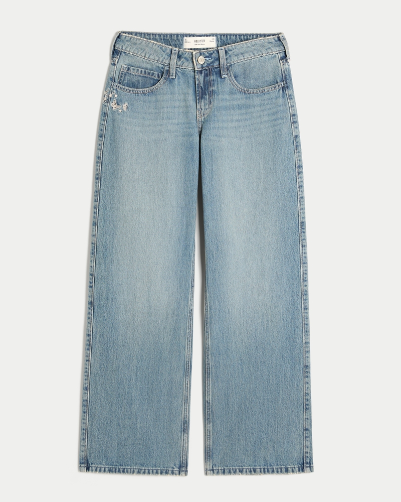 hüftig geschnittene mittelblaue jeans mit patchwork-muster und extraweitem schnitt.