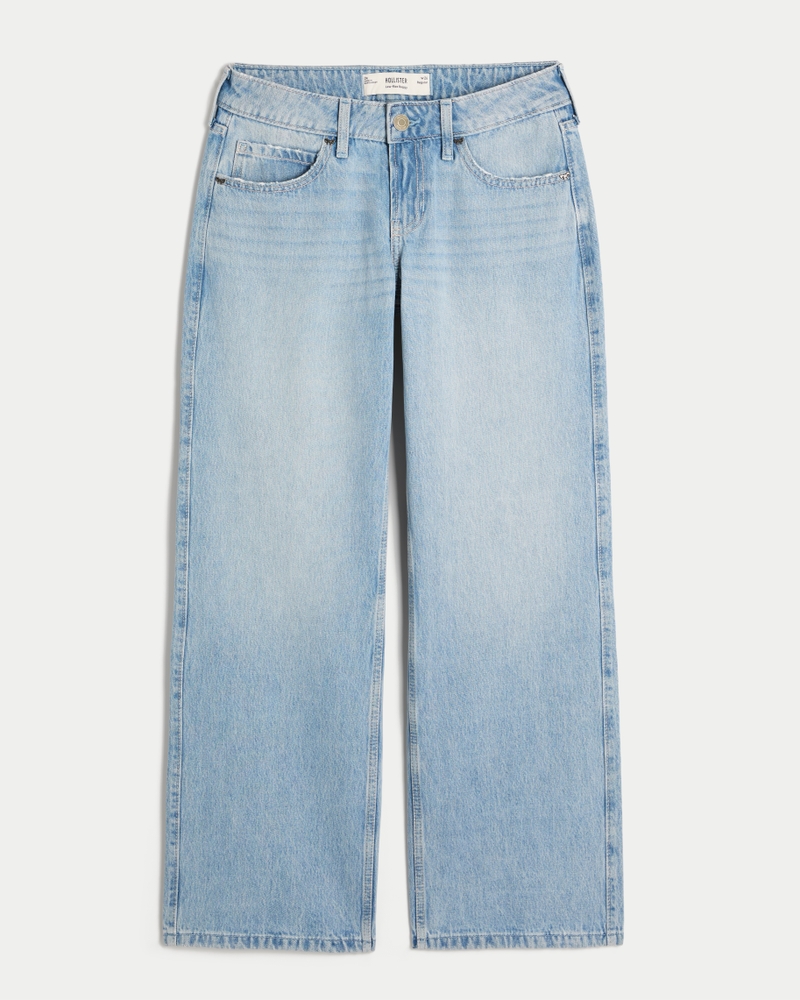 hüftig geschnittene mittelblaue jeans mit patchwork-muster und extraweitem schnitt.