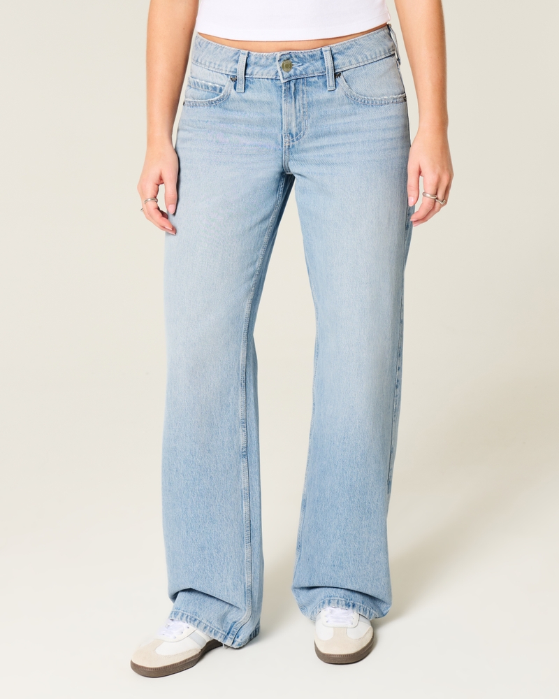 hüftig geschnittene mittelblaue jeans mit patchwork-muster und extraweitem schnitt.