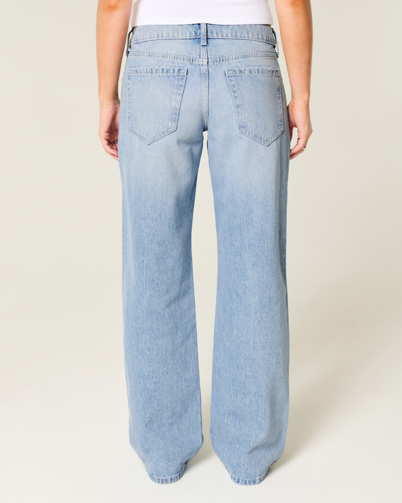 hüftig geschnittene mittelblaue jeans mit patchwork-muster und extraweitem schnitt.