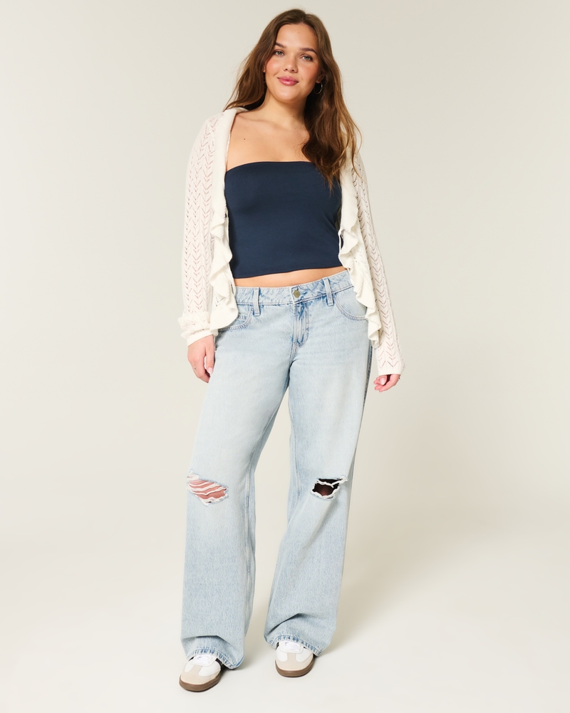 hüftig geschnittene mittelblaue jeans mit patchwork-muster und extraweitem schnitt.
