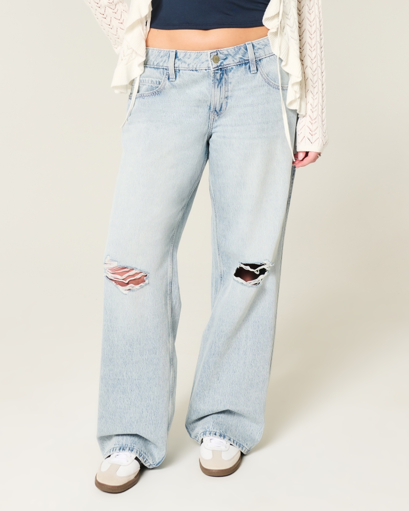 hüftig geschnittene mittelblaue jeans mit patchwork-muster und extraweitem schnitt.