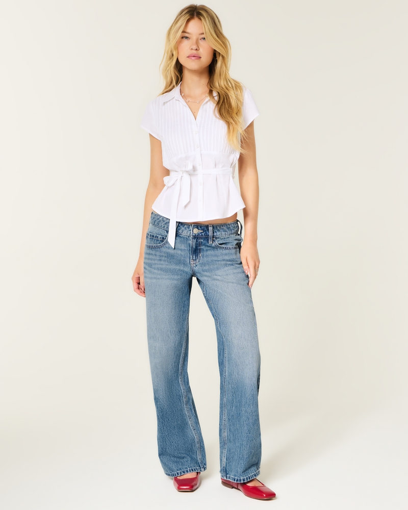 hüftig geschnittene mittelblaue baggy-jeans