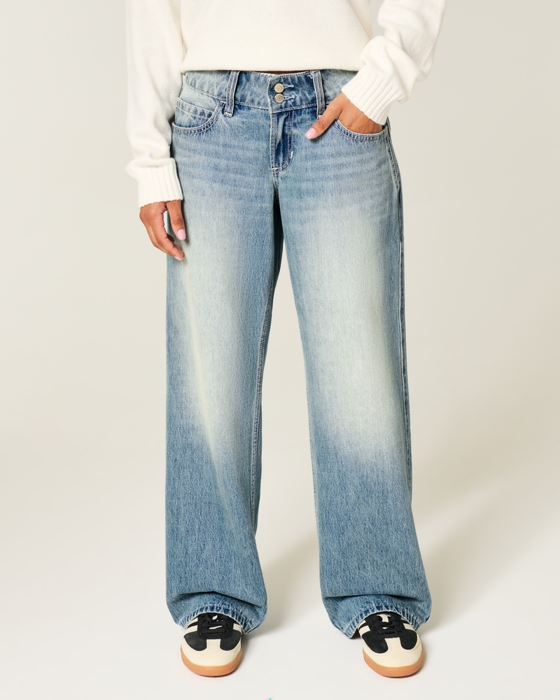 hüftjeans im y2k-stil mit mittlerer waschung und baggy-effekt