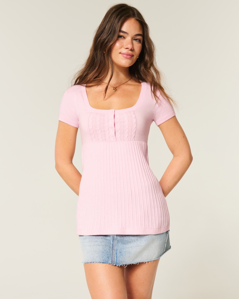 kurzärmeliges babydoll-top mit henley-kragen