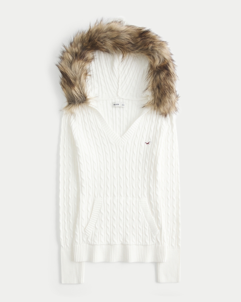 kapuzenpullover mit zopfmuster und kunstpelzbesatz