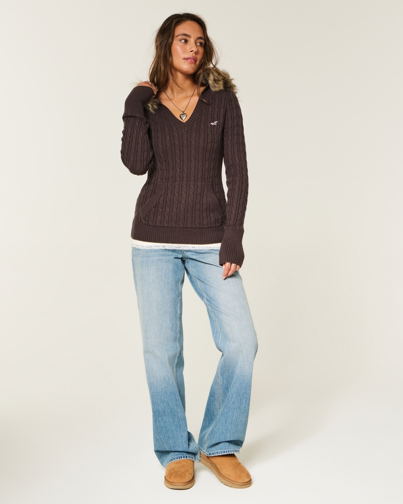 kapuzenpullover mit zopfmuster und kunstpelzbesatz
