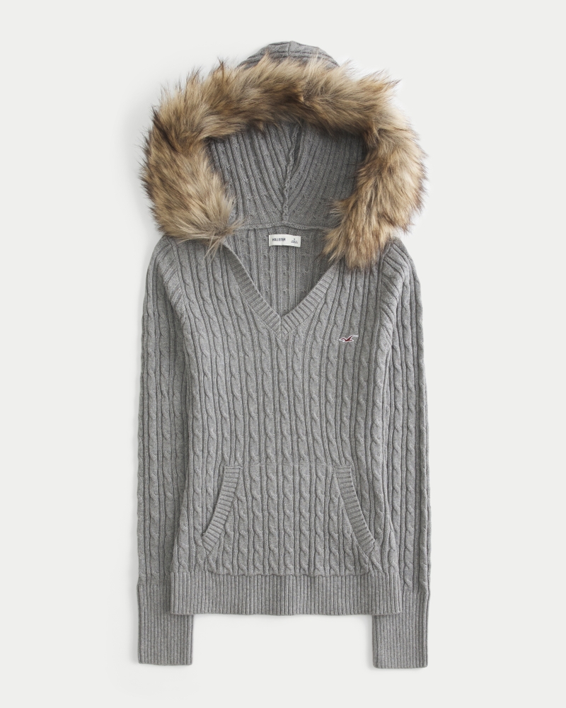 kapuzenpullover mit zopfmuster und kunstpelzbesatz