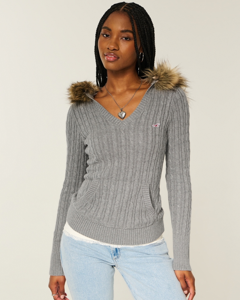 kapuzenpullover mit zopfmuster und kunstpelzbesatz