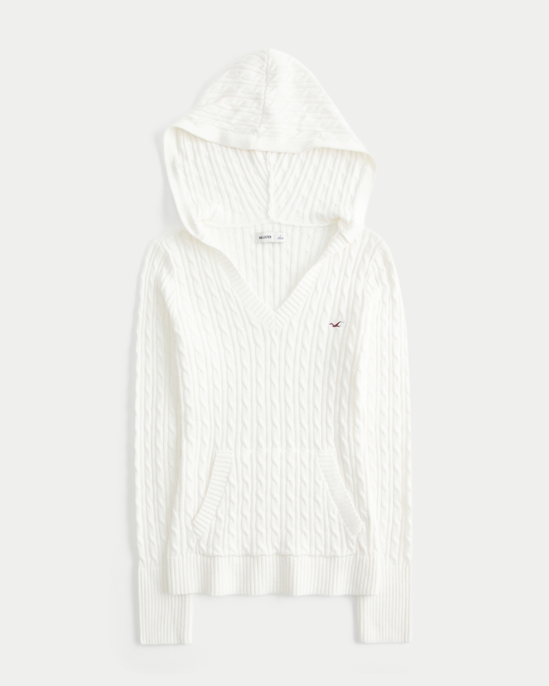 kapuzenpullover mit zopfmuster und kunstpelzbesatz