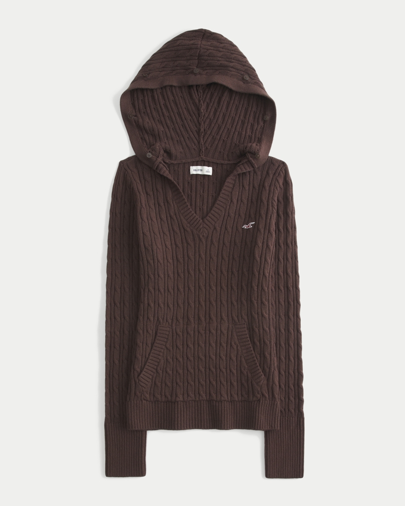 kapuzenpullover mit zopfmuster und kunstpelzbesatz