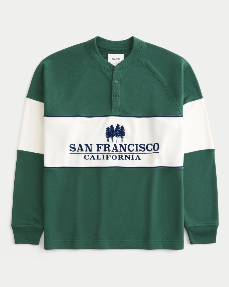 fleece-top mit henley-kragen und san-francisco-muster