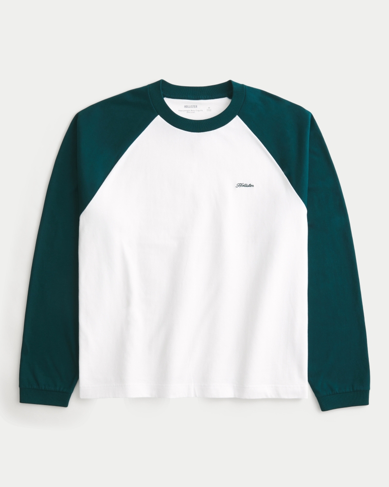 quadratisches kurzes schweres langarm-t-shirt mit logo und rundhalsausschnitt