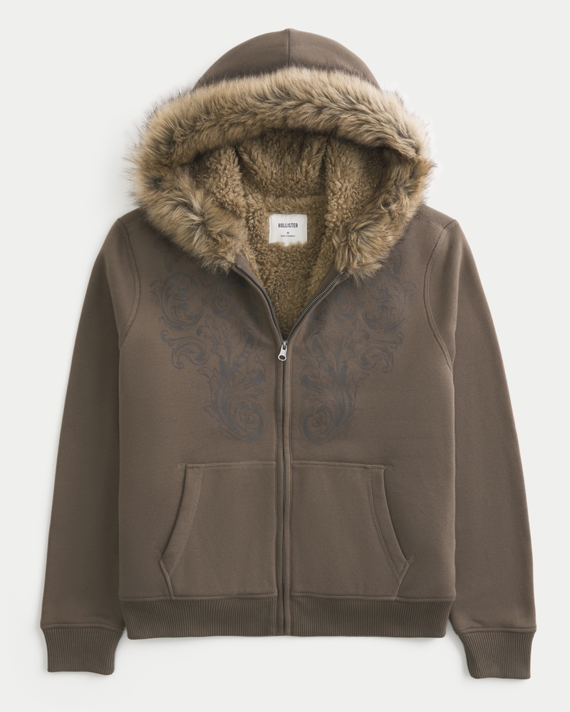 kapuzenpullover mit reißverschluss und kunstfellfutter gemustert.