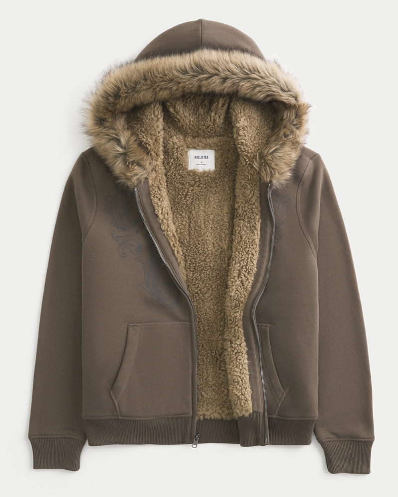 kapuzenpullover mit reißverschluss und kunstfellfutter gemustert.