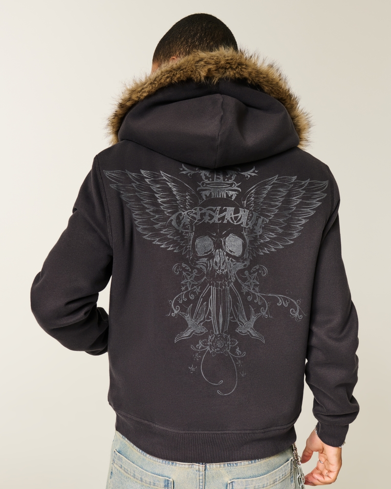 kapuzenpullover mit reißverschluss und kunstfellfutter gemustert.
