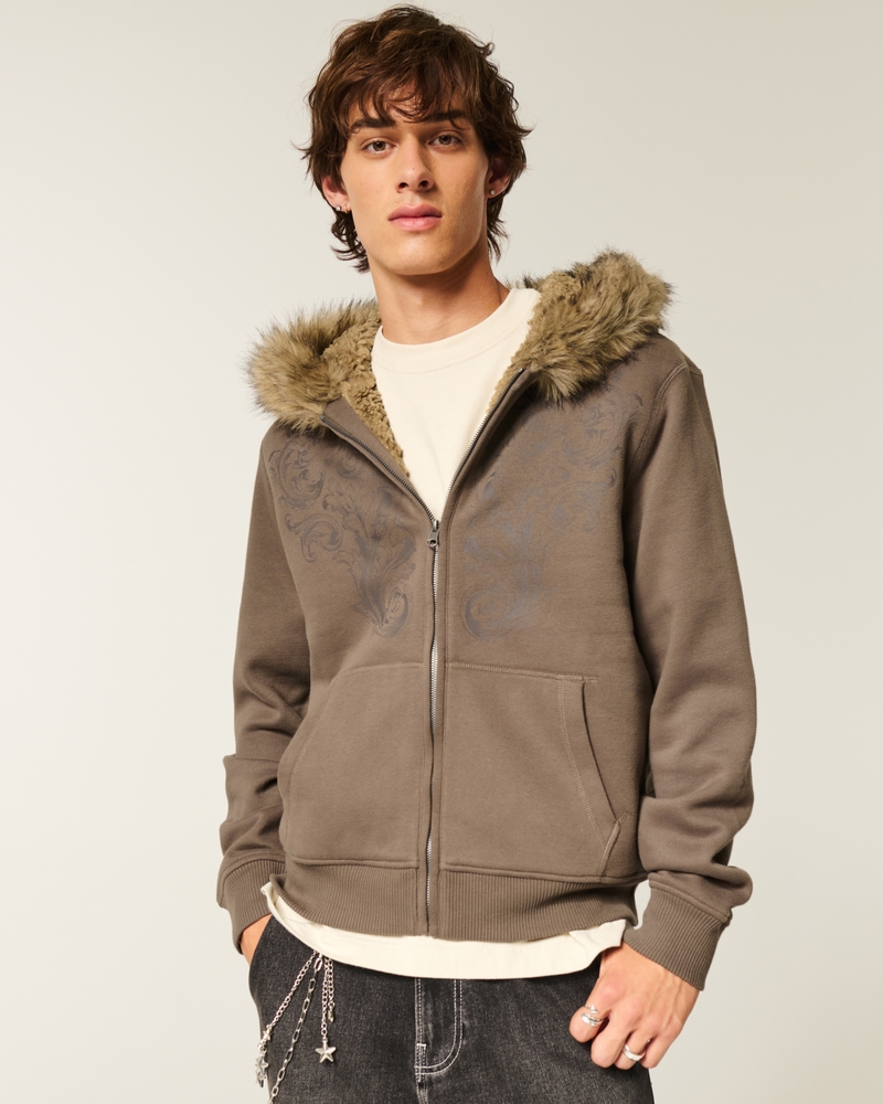 kapuzenpullover mit reißverschluss und kunstfellfutter gemustert.