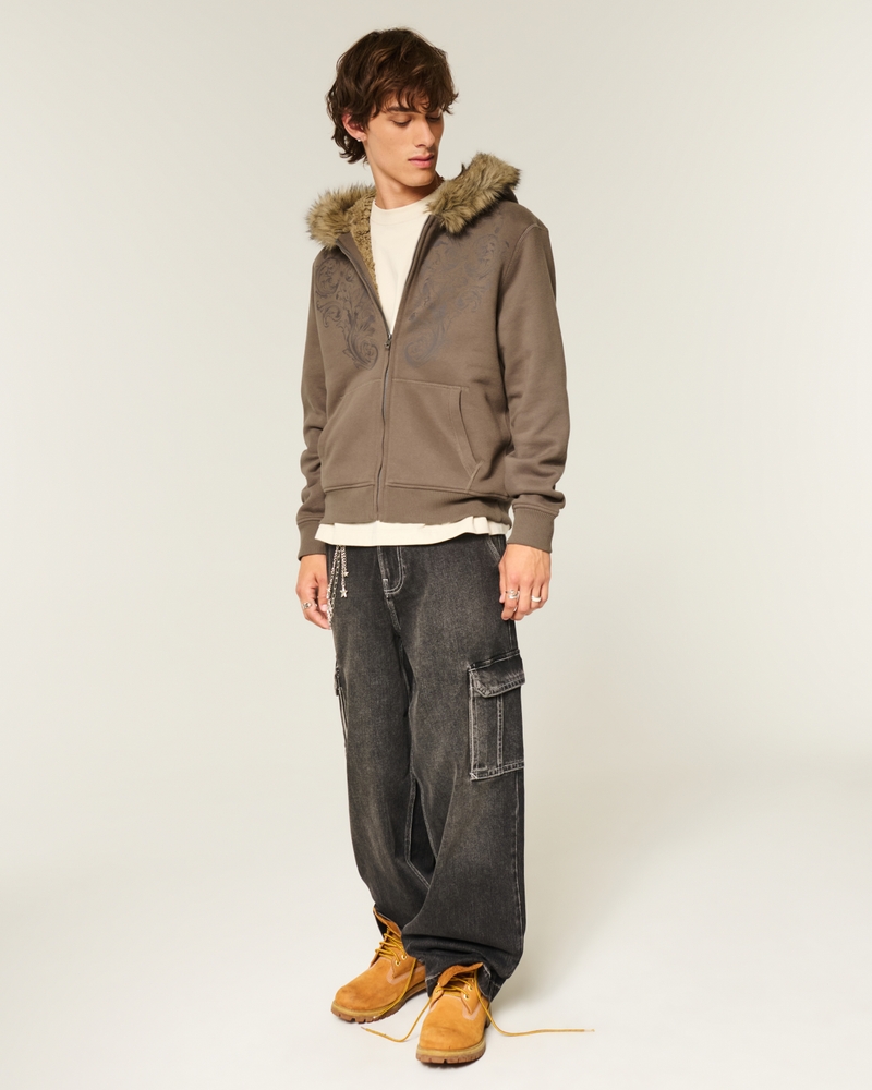 kapuzenpullover mit reißverschluss und kunstfellfutter gemustert.