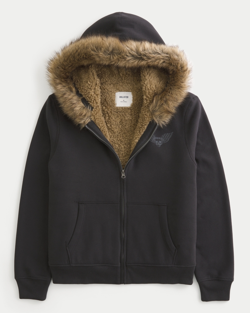 kapuzenpullover mit reißverschluss und kunstfellfutter gemustert.
